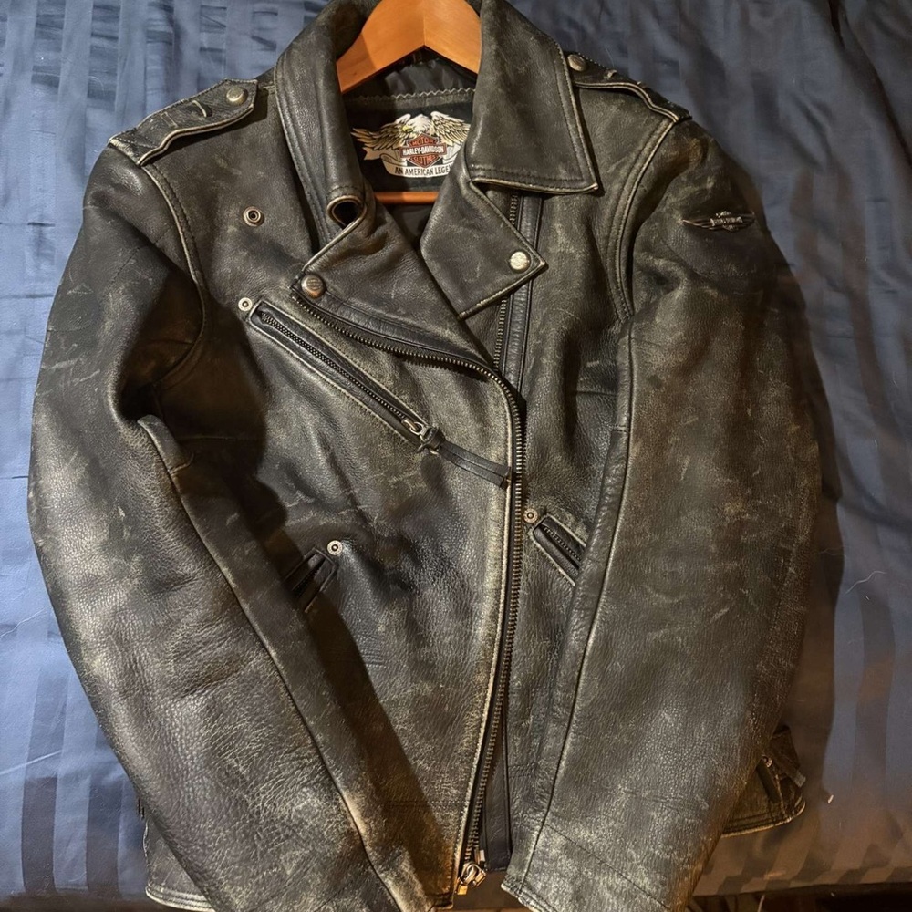 Vintage Harley-Davidson Black Leather Motorcycle Jacket Asymmetrical Zipper